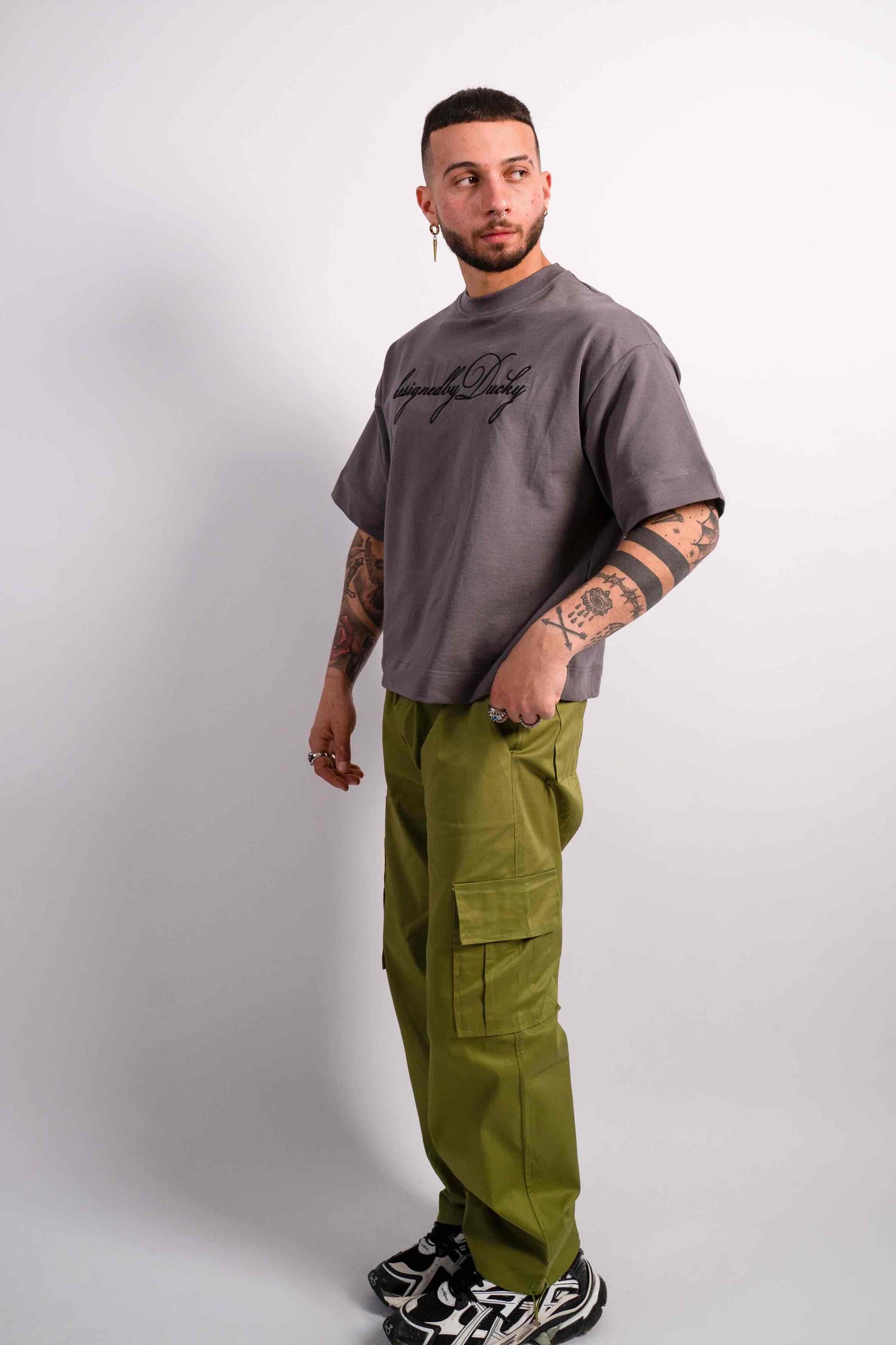 elegantly embroidered, but Charcoal