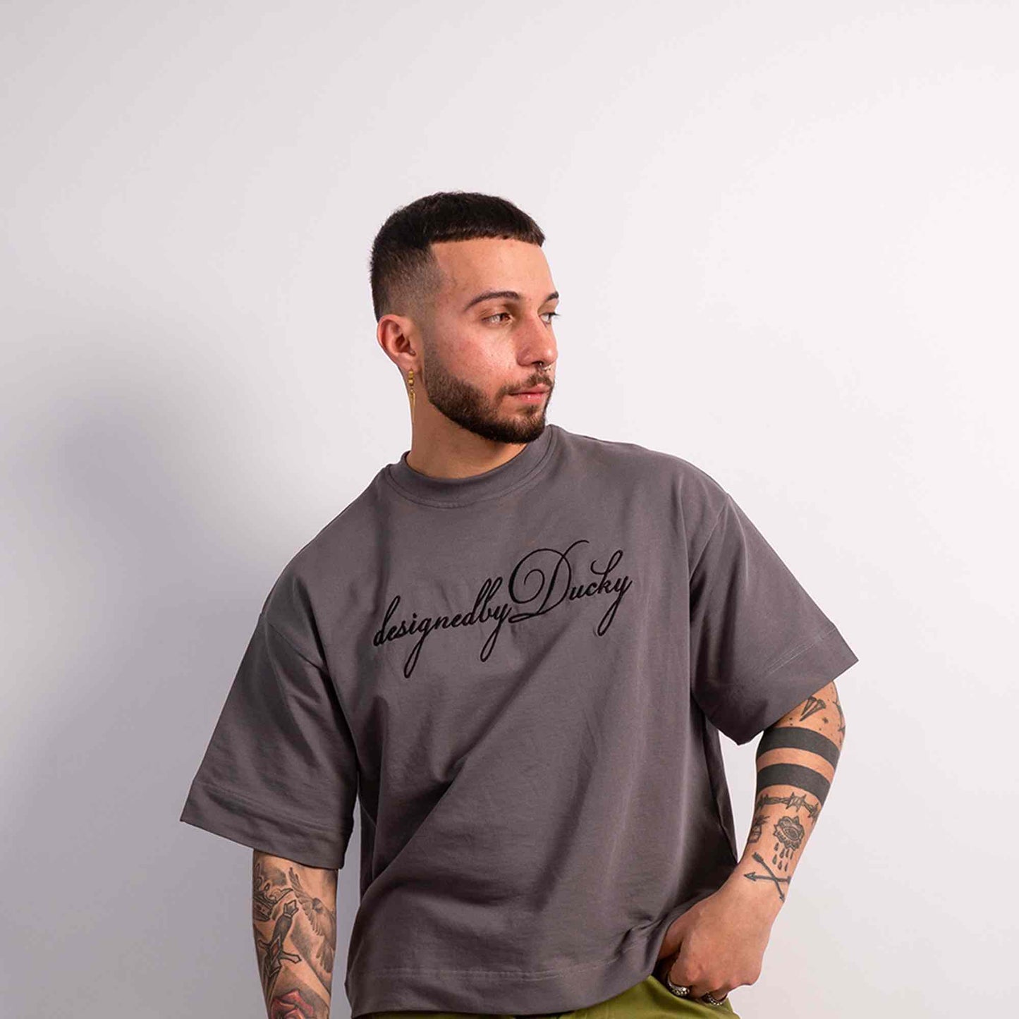 elegantly embroidered, but Charcoal