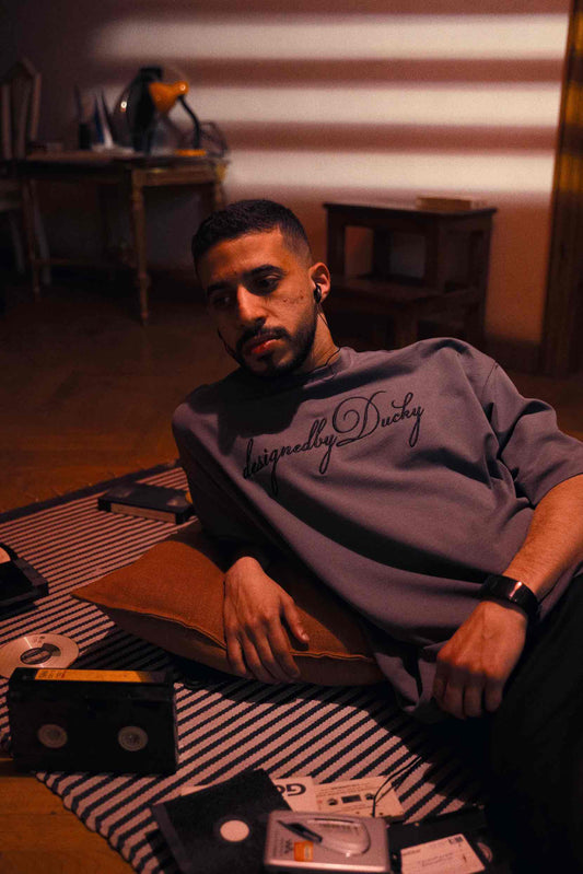 elegantly embroidered, but Charcoal